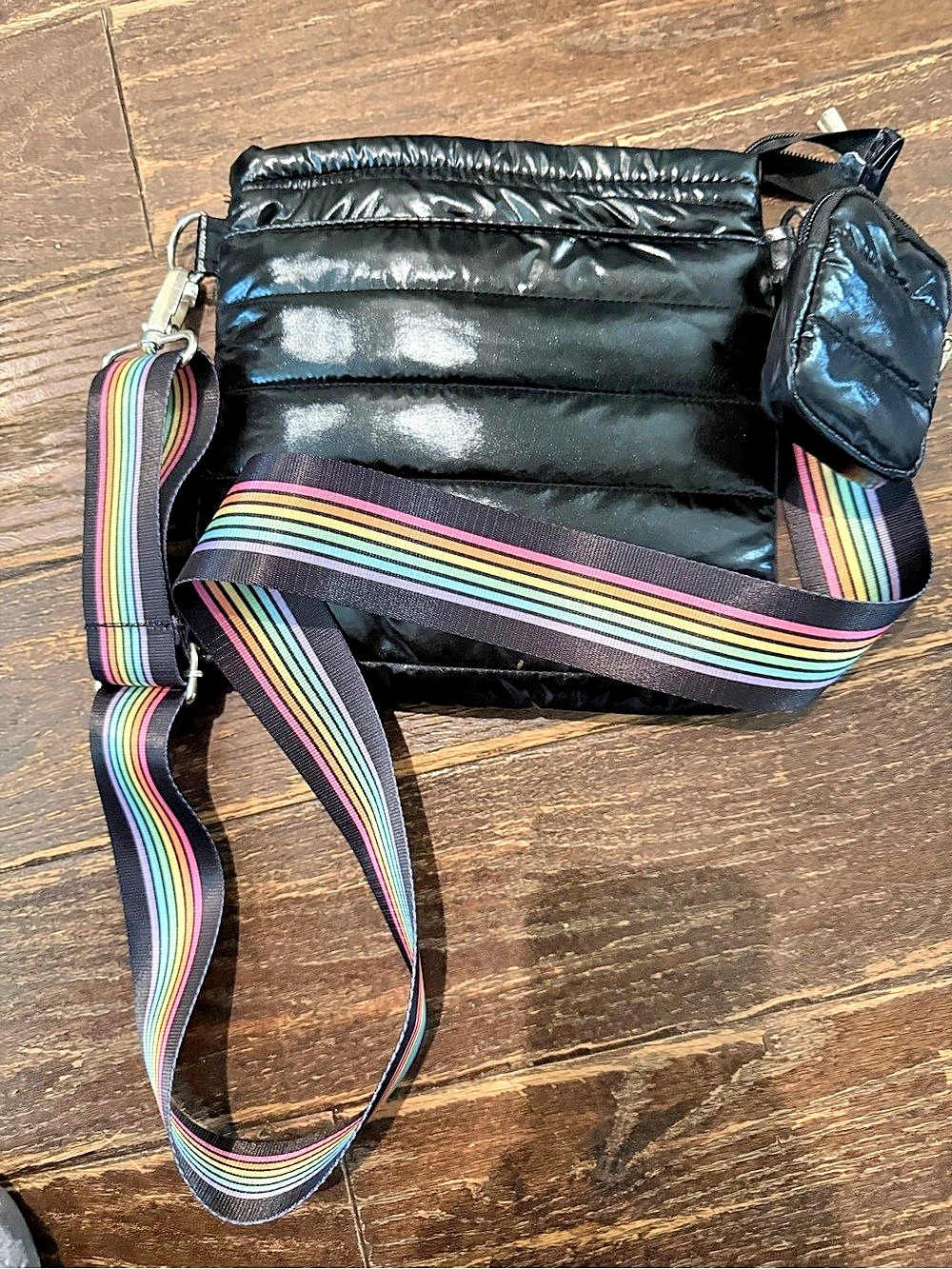 Top Trenz Black Puffer Crossbody Cell Phone Bag with Rainbow Stripe Strap